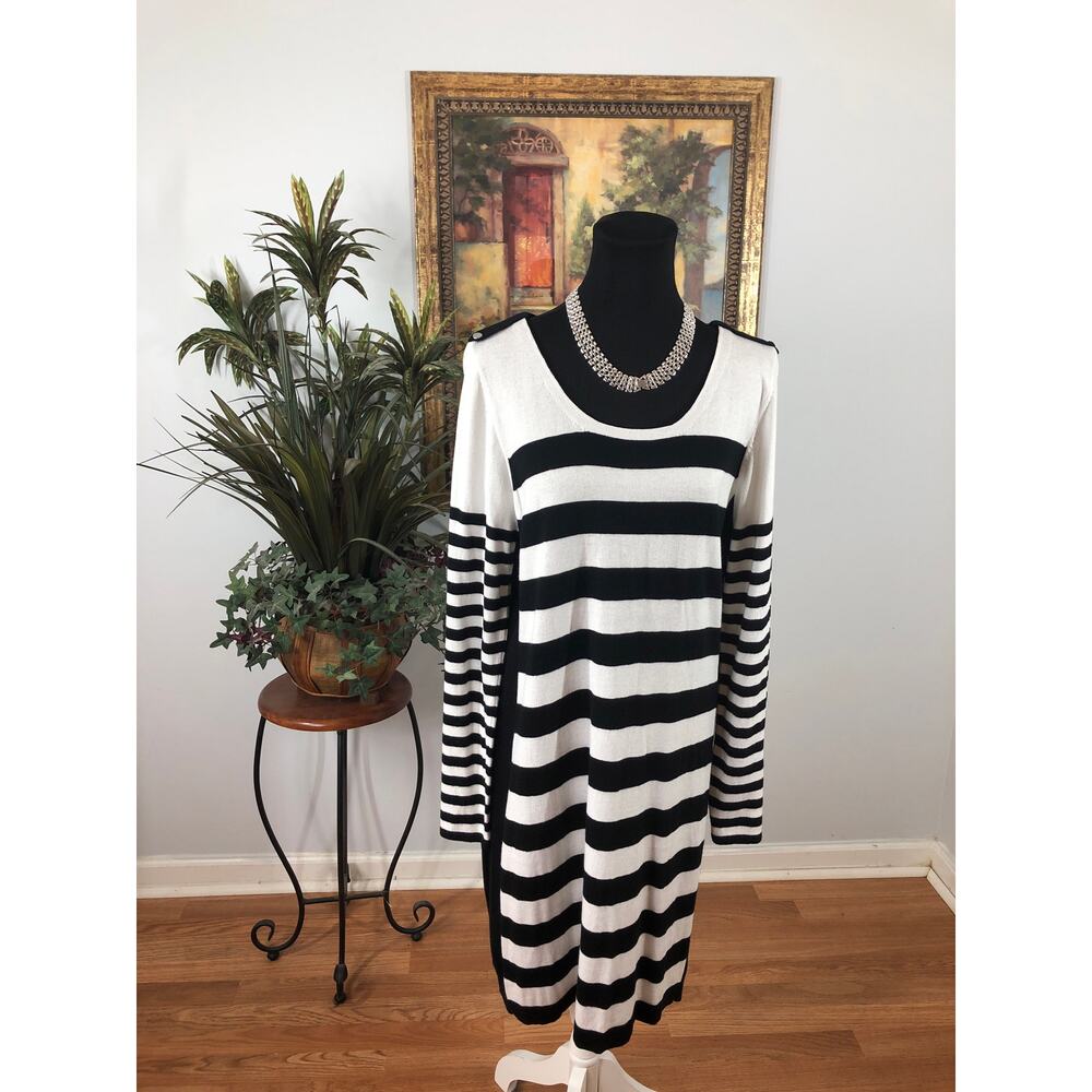 Anna Women XL Black & White Sweater Dress Scoop Neck Long Sleeve Mob Wife Casual
